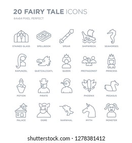 Collection of 20 Fairy Tale linear icons such as Stained glass, Spellbook, Narwhal, ogre, Palace, Seahorses, protagonist,  line icons with thin line stroke, vector illustration of trendy icon set.