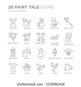 Collection of 20 Fairy Tale linear icons such as Minotaur, Merman, hero, Hydra, Joker, Magic wand, Loch ness monster, King line icons with thin line stroke, vector illustration of trendy icon set.