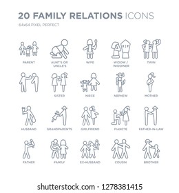 Collection of 20 family relations linear icons such as parent, aunt's or uncle's child, ex-husband, family, father, twin line icons with thin line stroke, vector illustration of trendy icon set.