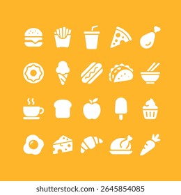 A collection of 20 filled-style white food and drink icons designed in a clean, minimal, and modern vector style. This pack includes various elements such as fast food items.