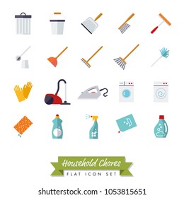 Collection of 20 flat design isolated household chores icons on white background