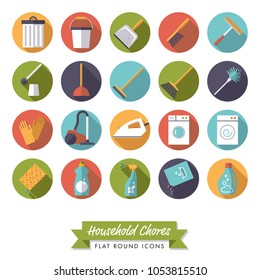 Colección de 20 íconos de tareas domésticas de diseño plano en círculos