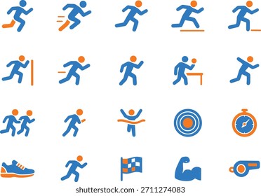 Colección de 20 diseños planos de running e íconos deportivos en color azul y naranja