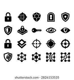 A collection of 20 flat vector icons featuring security and protection elements including locks, shields, keys, and eyes.