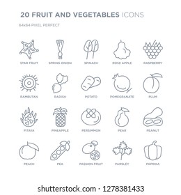 Collection of 20 FRUIT AND VEGETABLES linear icons such as Star fruit, Spring onion, Passion Pea, Peach, Raspberry line icons with thin line stroke, vector illustration of trendy icon set.