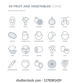Collection of 20 FRUIT AND VEGETABLES linear icons such as Papaya, Palm, Guava, Hazelnut, Horseradish, Olive, Mango, Lemon line icons with thin line stroke, vector illustration of trendy icon set.
