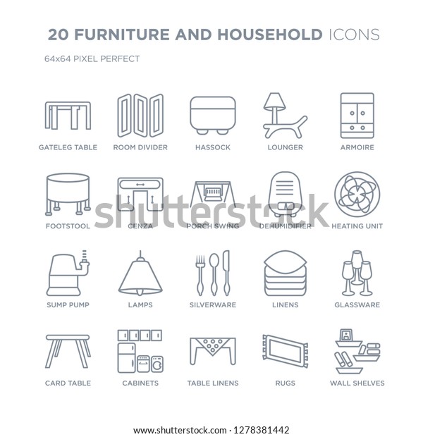 Collection of 20 FURNITURE AND HOUSEHOLD linear\
icons such as gateleg table, room divider, Table Linens, Cabinets,\
Card line icons with thin line stroke, vector illustration of\
trendy icon set.