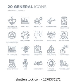 Collection of 20 general linear icons such as information architecture, info chart, global team, gmo, group opinion line icons with thin line stroke, vector illustration of trendy icon set.