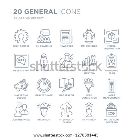 Collection of 20 General linear icons such as open source, on coaching, internet things, invention, job interview line icons with thin line stroke, vector illustration of trendy icon set.