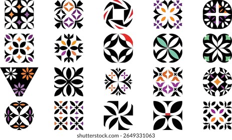 Collection of 20 Geometric Floral Patterns, Black and White with Color Accents