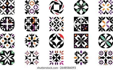 Collection of 20 Geometric Floral Tile Patterns, Black White Purple Orange