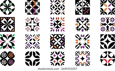 Collection of 20 Geometric Floral Tile Patterns, Black and White with Purple, Orange Accents