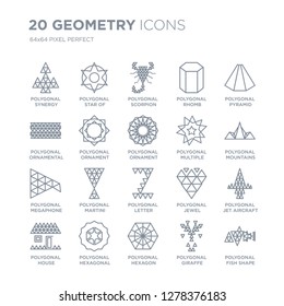 Collection of 20 Geometry linear icons such as Polygonal synergy shapes, star six points, hexagon, hexagonal line icons with thin line stroke, vector illustration of trendy icon set.