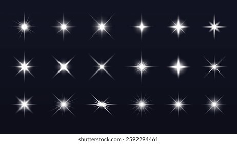 Collection of 20 glowing starbursts on a dark background. Starbursts vary in size and intensity, creating a sparkling, luminous effect. Perfect for design projects. Overlay effect vector element set.