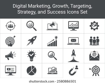 A collection of 20 grayscale icons depicting various marketing strategies, 
including target audience, growth charts, email marketing, and business launch concepts