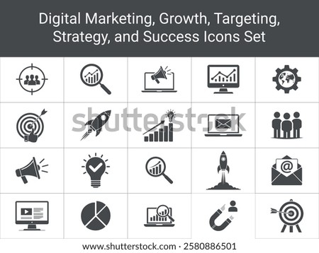 A collection of 20 grayscale icons depicting various marketing strategies, 
including target audience, growth charts, email marketing, and business launch concepts