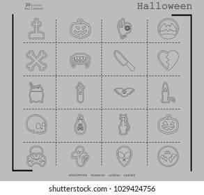 Collection of 20 halloween icons. Vector illustration in thin line style