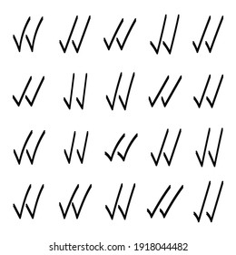 Kollektion von 20 handgezeichneten doppelten Prüfzeichen, Vektorgrafik 