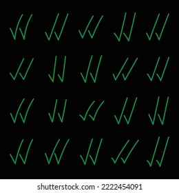 Colección De 20 Marcas Dobles Verdes Dibujadas A Mano Vector Sobre Fondo Negro