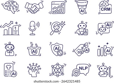 Coleção de 20 ícones de IA desenhados à mão que ilustram inteligência artificial, aprendizagem automática, análise de dados, crescimento de negócios e CRM. Perfeito para apresentações e marketing.