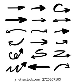 Collection of 20 hand-drawn black arrows in various dynamic styles. Curved, straight, bold, and zigzag designs on transparent background. Vector EPS 10