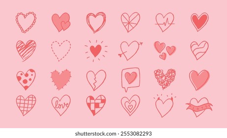 A collection of 20 hand-drawn heart illustrations in red on a pink background. Each heart design is unique, featuring various styles and patterns. Cute hand drawn love doodle, element set. Vectors.