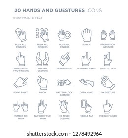 Collection of 20 HANDS AND GUESTURES linear icons such as Push all fingers to twist left, slide and expand, No touch gesture, Number four with finger line icons with thin line stroke