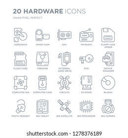 Collection of 20 hardware linear icons such as Harddrive, Handy Cam, Big Satellite, Tablet, tooth Headset line icons with thin line stroke, vector illustration of trendy icon set.