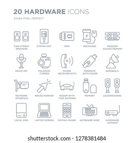 Collection of 20 hardware linear icons such as Two Stereo Speakers, System Unit, Keypad Phone, Laptop Screen, Local disk line icons with thin line stroke, vector illustration of trendy icon set.