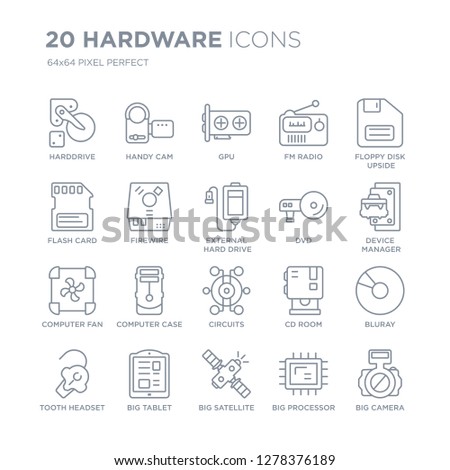 Collection of 20 hardware linear icons such as Harddrive, Handy Cam, Big Satellite, Tablet, tooth Headset line icons with thin line stroke, vector illustration of trendy icon set.