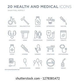 Collection of 20 Health and Medical linear icons such as Wheelchair, Walking stick, Sperm, Spermatozoon, Sphygmomanometer line icons with thin line stroke, vector illustration of trendy icon set.