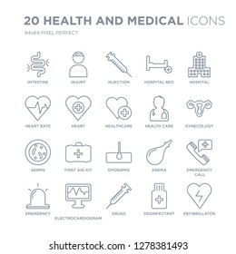 Collection of 20 Health and Medical linear icons such as Intestine, Injury, Drugs, Electrocardiogram, Emergency, Hospital line icons with thin line stroke, vector illustration of trendy icon set.