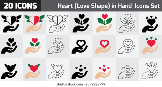 A collection of 20 heart and hand-themed vector icons. Various styles feature hands holding hearts, plants, or symbols in flat, outline, and filled designs.