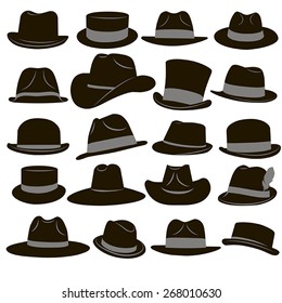 Collection of 20 icons of black man's retro hat with gray ribbons on a white background