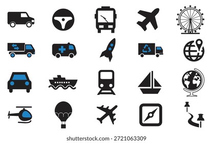 Una colección de 20 íconos que representan varios modos de transporte y símbolos relacionados con los viajes