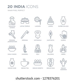 Collection of 20 india linear icons such as mahatma gandhi, Lotus temple, indian Sweets, Tea, Vase, Kumbh kalash line icons with thin line stroke, vector illustration of trendy icon set.