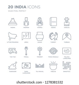 Collection of 20 india linear icons such as Yagna, Woman, Taj mahal, tamil language, Tandoori, Varaja, Turkey, Trident line icons with thin line stroke, vector illustration of trendy icon set.