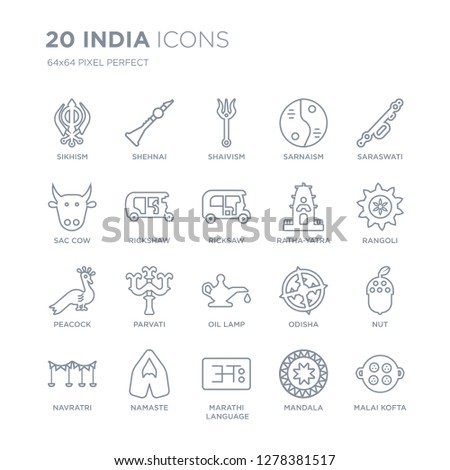Collection of 20 india linear icons such as sikhism, Shehnai, marathi language, Namaste, navratri, Saraswati, ratha-yatra line icons with thin line stroke, vector illustration of trendy icon set.