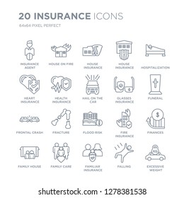 Collection of 20 Insurance linear icons such as agent, House on fire, Familiar insurance, Family Care,  line icons with thin line stroke, vector illustration of trendy icon set.