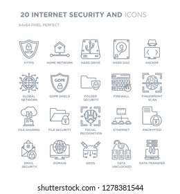 Collection of 20 INTERNET SECURITY AND linear icons such as Https, Home network, Ddos, domain, Email security, Hacker line icons with thin line stroke, vector illustration of trendy icon set.