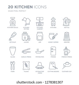 Collection of 20 Kitchen linear icons such as kitchen Scale, Mitten, Extractor hood, Flour, Fork, Kettle, honey dipper line icons with thin line stroke, vector illustration of trendy icon set.
