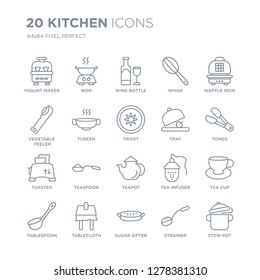 Collection of 20 Kitchen linear icons such as yogurt maker, wok, sugar sifter, tablecloth, tablespoon, waffle iron, Tray line icons with thin line stroke, vector illustration of trendy icon set.