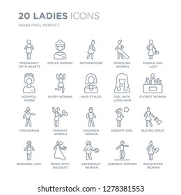 Collection of 20 Ladies linear icons such as Pregnancy with Hearts, Police Woman, Astronaut Bride Bouquet line icons with thin line stroke, vector illustration of trendy icon set.
