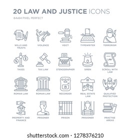 Collection of 20 law and justice linear icons such as wills trusts, Violence, Prison, Prisoner, property finance line icons with thin line stroke, vector illustration of trendy icon set.