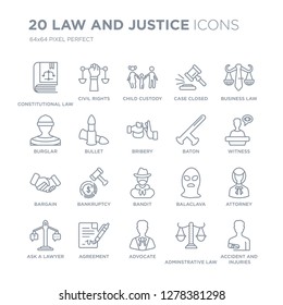 Collection of 20 law and justice linear icons such as constitutional law, civil rights, advocate, Agreement, ask a lawyer line icons with thin line stroke, vector illustration of trendy icon set.