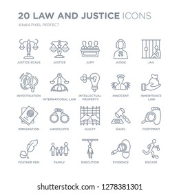 Collection of 20 law and justice linear icons such as scale, Justice, Execution, Family, Feather pen, Jail, Innocent line icons with thin line stroke, vector illustration of trendy icon set.