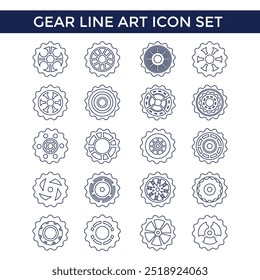 Colección de 20 iconos de engranajes de arte de línea: Diseños de Vector modernos con temas de Industrial, mecánica e ingeniería. Ideal para Tecnología, fabricación y Industrial de marca o infografía.