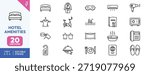 Collection of 20 line icons representing various hotel amenities, including bed, bathroom, fitness, and dining services.