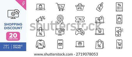 Collection of 20 line icons representing shopping discounts, including symbols for sales, promotions, and online shopping