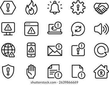 Collection of 20 line icons, symbolizing warning, error and alert notifications. These minimal, outline style are isolated on a transparent background - Powered by Shutterstock - Get 15% off with code: PIKWIZARD15